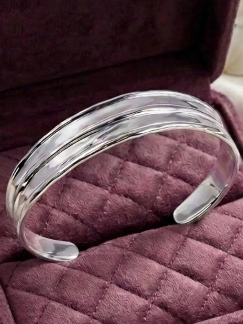 Sterling Silver Open Cuff Bracelet - Polished Ribbed Design - Plum Display